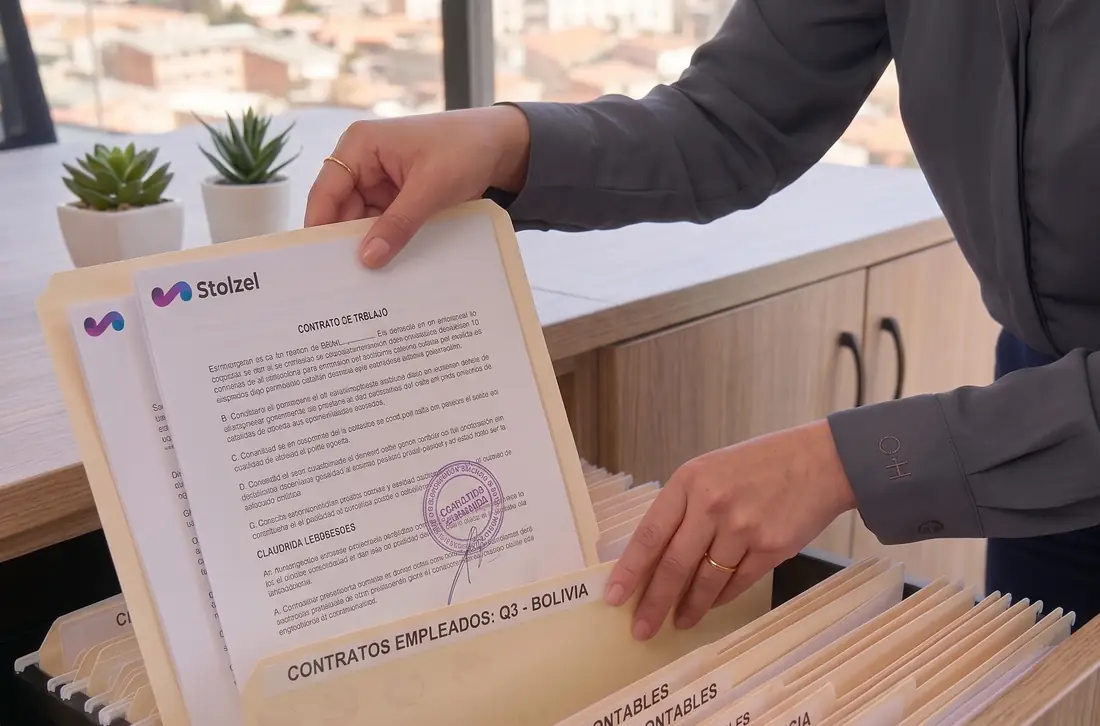 Una carpeta de contratos de empleados abierta sobre un archivador,
                    con el contrato visado a la vista.