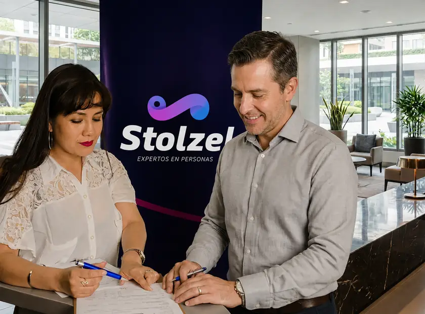 Dos personas revisan y firman documentación junto al banner de Stolzel.
